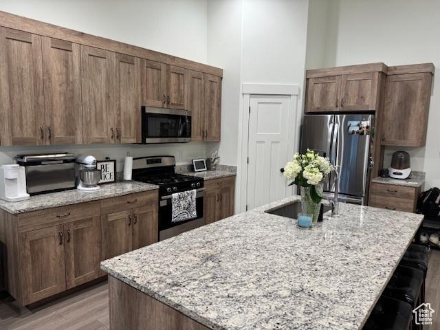 88 E 970 N, Santaquin, UT 84655 - kitchen featuring light stone counters, light wood finished floors, a kitchen bar, a center island with sink, and stainless steel appliances