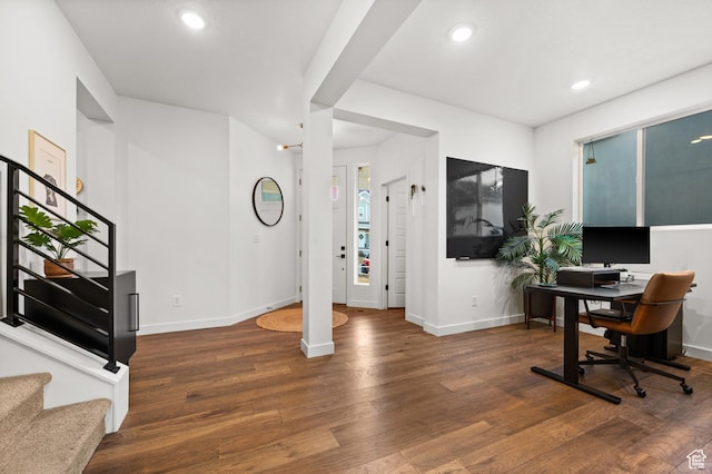 office with baseboards, recessed lighting, and wood finished floors