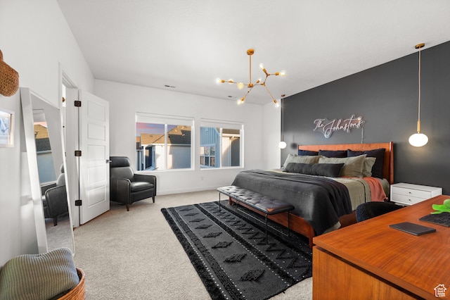 bedroom with light carpet, an inviting chandelier, and visible vents
