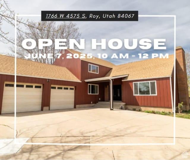 1766 W 4575 S, Roy, UT 84067 - view of front facade featuring driveway, an attached garage, board and batten siding, a shingled roof, and a chimney