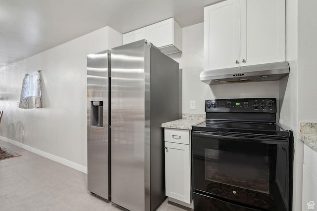 667 S Falkirk Rd Unit 24, Heber City, UT 84032 - kitchen featuring black electric range, stainless steel refrigerator with ice dispenser, white cabinetry, baseboards, and under cabinet range hood