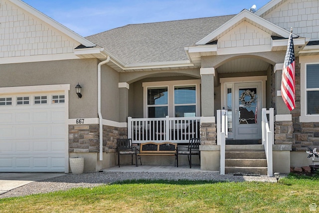 667 S Falkirk Rd Unit 24, Heber City, UT 84032 - doorway to property with stone siding, a shingled roof, covered porch, and a garage