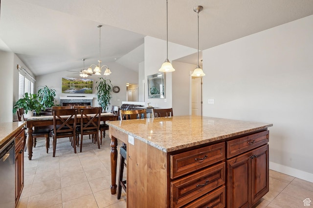667 S Falkirk Rd Unit 24, Heber City, UT 84032 - kitchen featuring light tile patterned floors, light stone countertops, decorative light fixtures, dishwasher, and vaulted ceiling