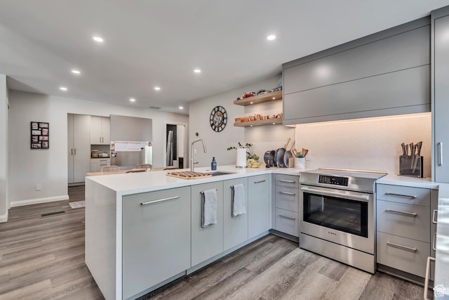kitchen featuring a sink, a peninsula, stainless steel range with electric stovetop, and gray cabinets