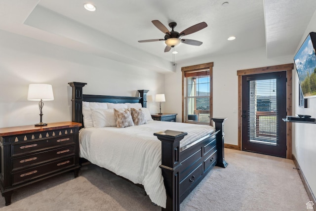 9855 N N Vista Dr Unit 104, Heber City, UT 84032 - bedroom with light carpet, baseboards, ceiling fan, access to outside, and recessed lighting