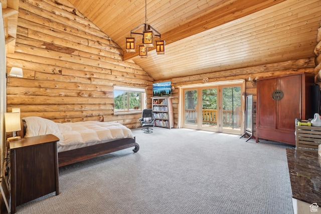 bedroom with multiple windows, wooden ceiling, access to outside, and high vaulted ceiling