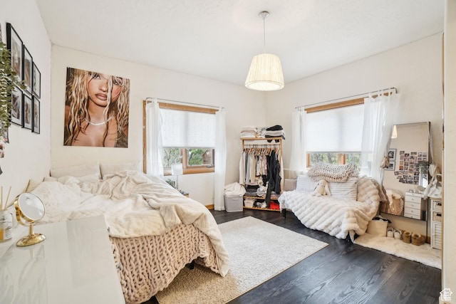 bedroom featuring multiple windows and dark wood-style floors