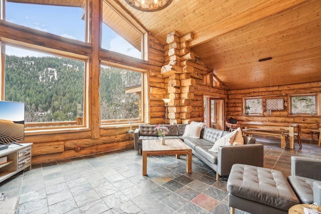 living room featuring rustic walls, high vaulted ceiling, and wooden ceiling