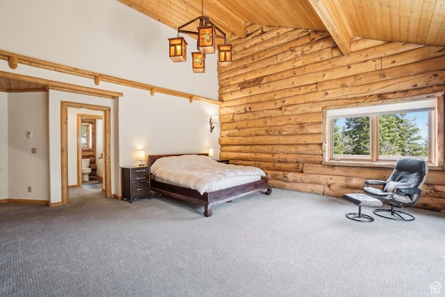 bedroom featuring carpet flooring, wooden ceiling, rustic walls, and beam ceiling