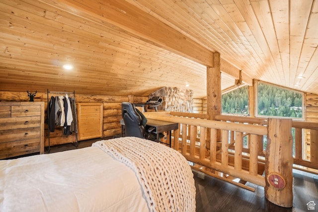 bedroom featuring lofted ceiling, wood finished floors, recessed lighting, wooden ceiling, and log walls