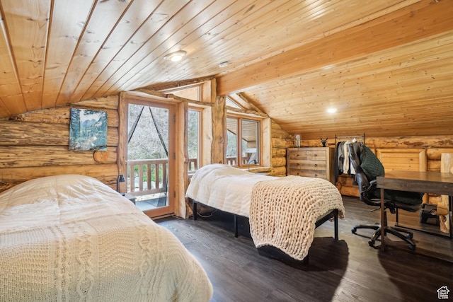 bedroom featuring vaulted ceiling, wood ceiling, log walls, and access to exterior