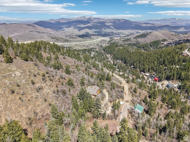 drone / aerial view featuring a wooded view and a mountain view