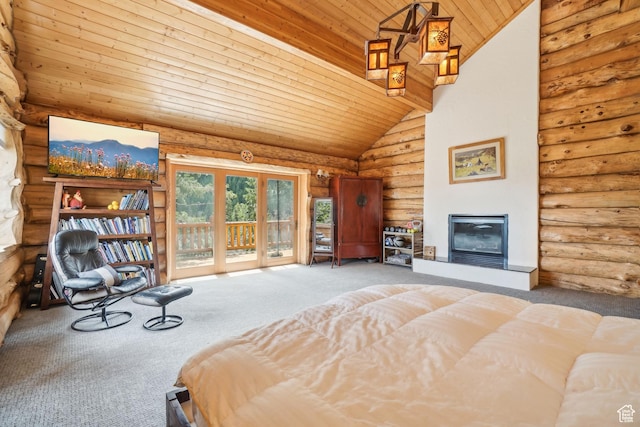bedroom featuring carpet flooring, wooden ceiling, access to outside, and rustic walls