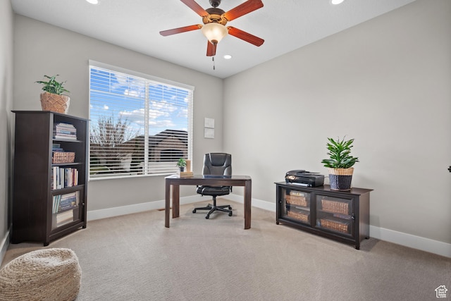 carpeted home office featuring baseboards, a ceiling fan, and recessed lighting