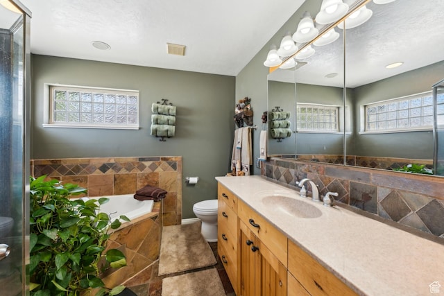 full bathroom with vanity, toilet, a bath, and plenty of natural light