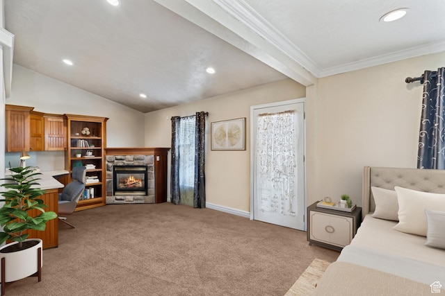 801 E 380 N Unit 57, Heber City, UT 84032 - bedroom featuring recessed lighting, light colored carpet, a fireplace, crown molding, and lofted ceiling