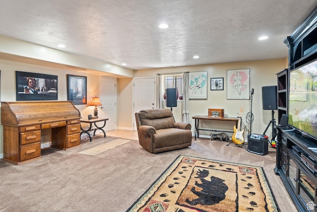carpeted living area featuring a textured ceiling, baseboards, and recessed lighting