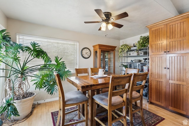 dining area featuring light wood-style floors and ceiling fan