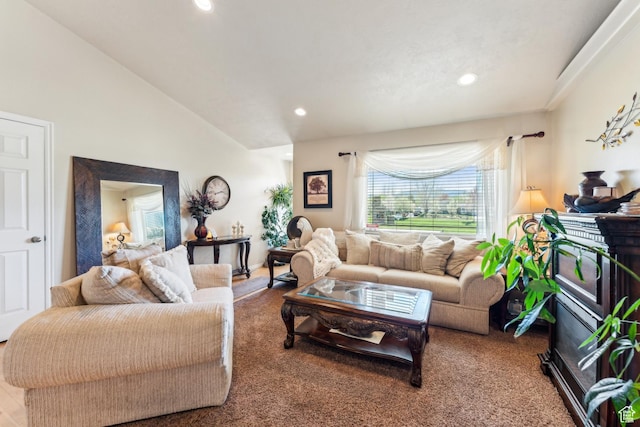 living area with vaulted ceiling, carpet, and recessed lighting