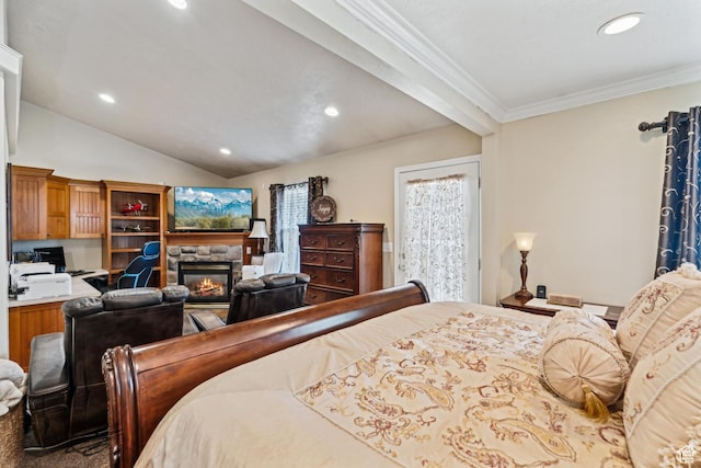 bedroom with vaulted ceiling, ornamental molding, a stone fireplace, and recessed lighting