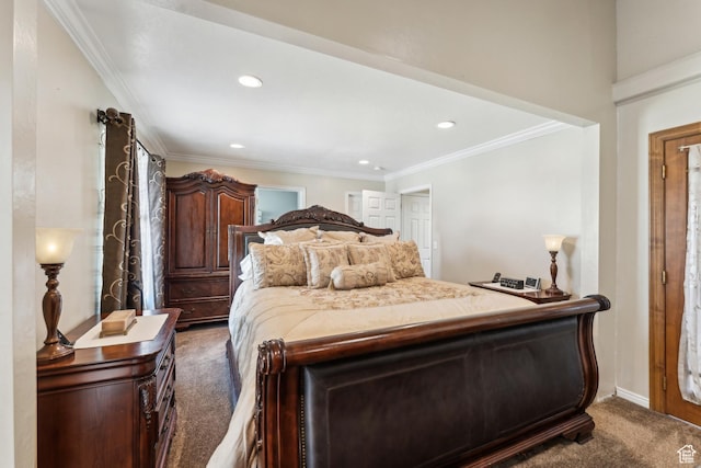 carpeted bedroom with ornamental molding and recessed lighting