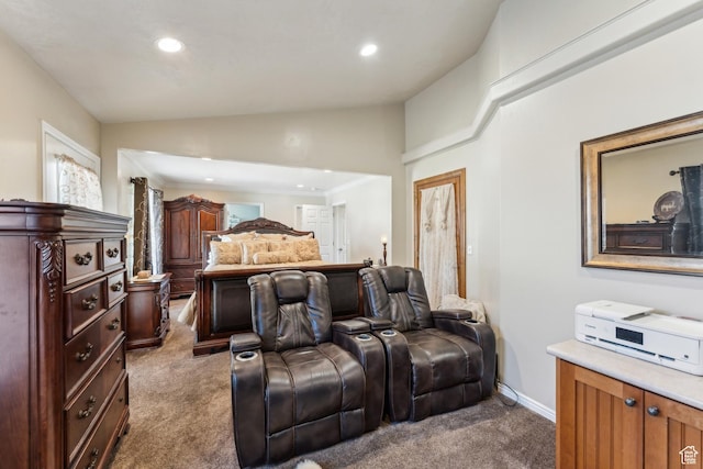 bedroom featuring baseboards, crown molding, recessed lighting, and carpet