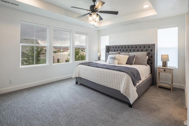 5740 Cardinal Wing Dr Unit 17, St George, UT 84790 - bedroom featuring a ceiling fan, a tray ceiling, baseboards, visible vents, and carpet floors