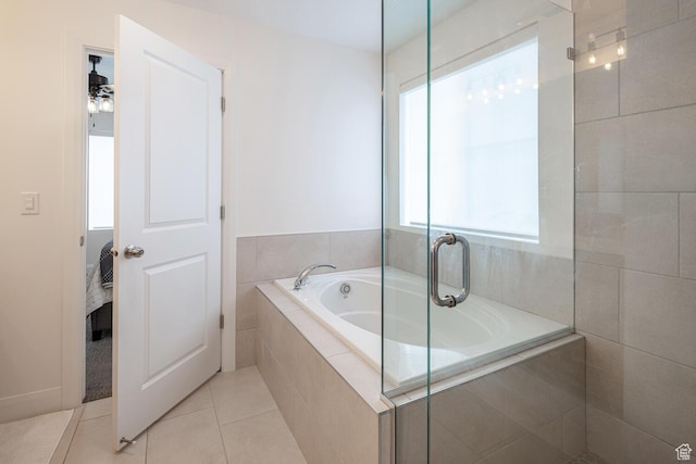 5740 Cardinal Wing Dr Unit 17, St George, UT 84790 - full bathroom featuring a shower with door, tile patterned floors, ceiling fan, and a bath