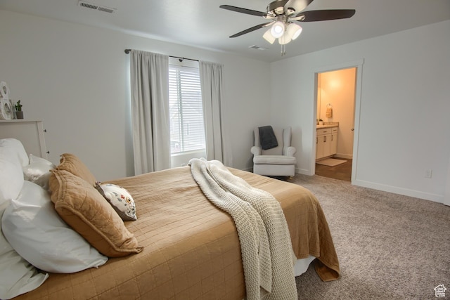 452 S Highpoint Dr, Saratoga Springs, UT 84045 - carpeted bedroom with ensuite bathroom, visible vents, baseboards, and a ceiling fan
