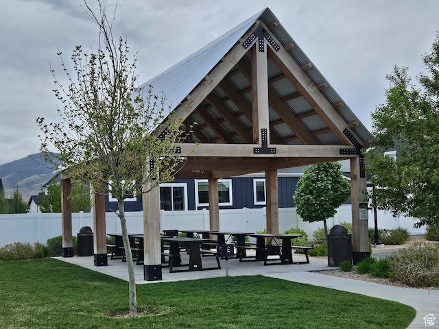 452 S Highpoint Dr, Saratoga Springs, UT 84045 - view of property's community featuring a gazebo, a patio area, fence, a mountain view, and a lawn