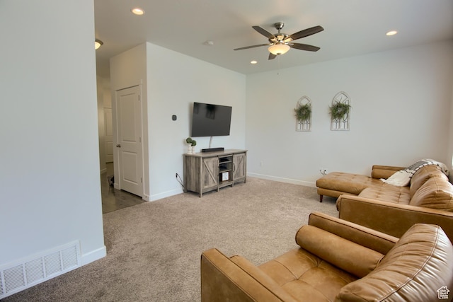 452 S Highpoint Dr, Saratoga Springs, UT 84045 - carpeted living room with baseboards, a ceiling fan, visible vents, and recessed lighting