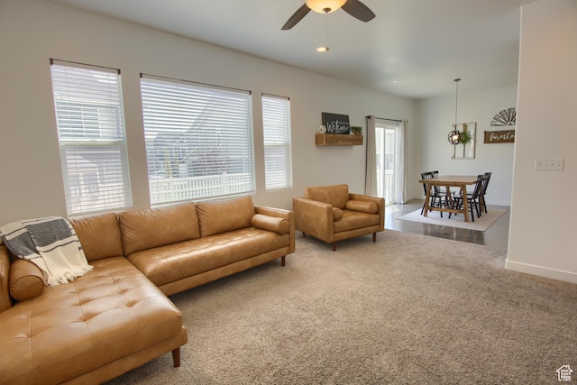 452 S Highpoint Dr, Saratoga Springs, UT 84045 - living room featuring carpet, baseboards, ceiling fan, and recessed lighting