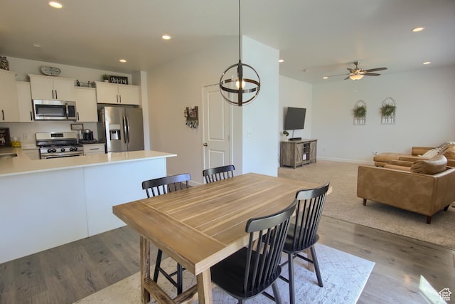 452 S Highpoint Dr, Saratoga Springs, UT 84045 - dining area with wood finished floors, a ceiling fan, and recessed lighting