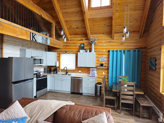 50 E 200 S, Saint Charles, ID 83272 - kitchen with stainless steel appliances, wood ceiling, light countertops, wood finished floors, and a sink