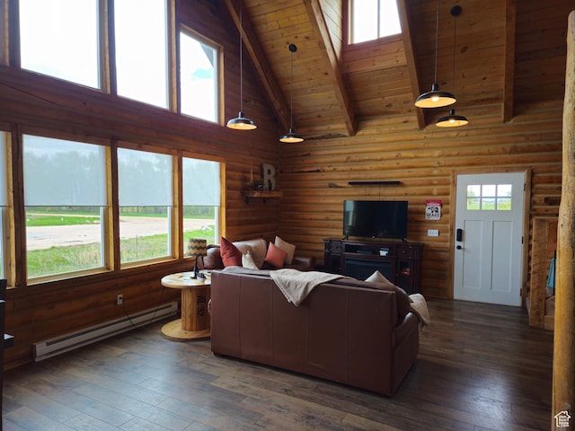 50 E 200 S, Saint Charles, ID 83272 - living area featuring baseboard heating, high vaulted ceiling, beamed ceiling, hardwood / wood-style flooring, and wood ceiling