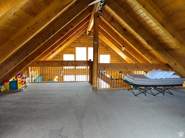 50 E 200 S, Saint Charles, ID 83272 - interior space with carpet, lofted ceiling, and wooden ceiling