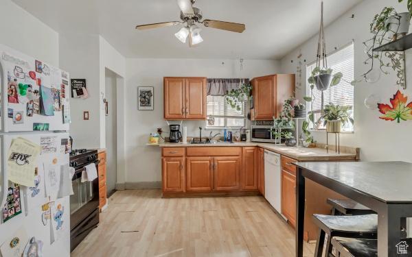 kitchen with white appliances, light wood-style flooring, a sink, and plenty of natural light