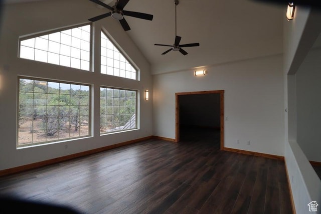 unfurnished living room featuring ceiling fan, baseboards, high vaulted ceiling, and dark wood finished floors