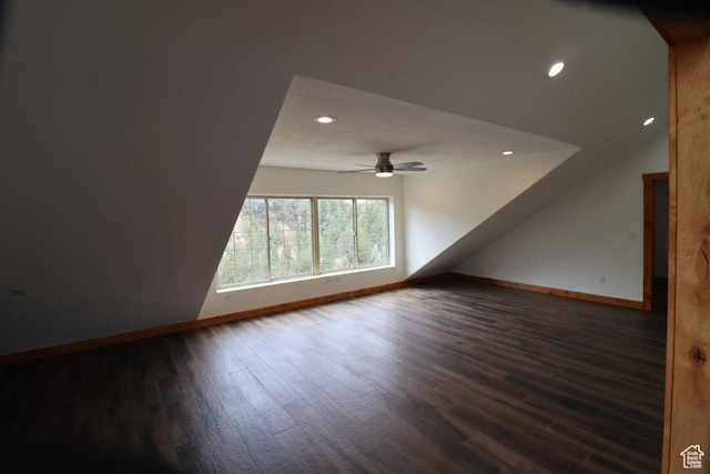 additional living space featuring baseboards, recessed lighting, ceiling fan, and dark wood-type flooring