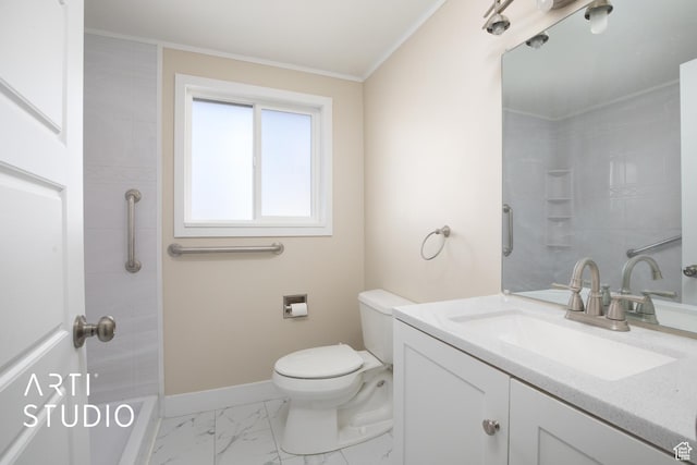 bathroom featuring toilet, baseboards, marble finish floor, vanity, and ornamental molding