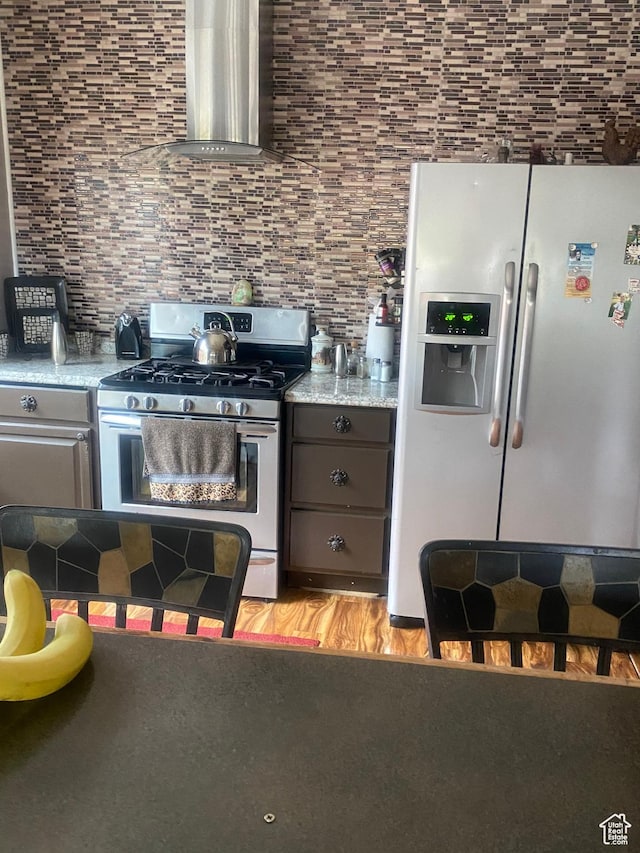 kitchen featuring stainless steel appliances, tasteful backsplash, light wood-type flooring, and wall chimney exhaust hood