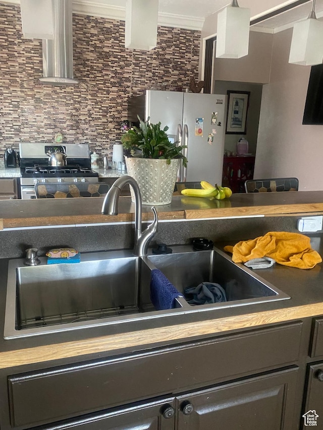 room details with a sink, stainless steel appliances, crown molding, wall chimney range hood, and decorative backsplash