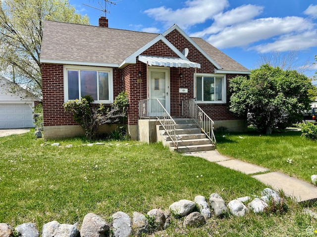 bungalow-style home featuring roof with shingles, brick siding, and a chimney