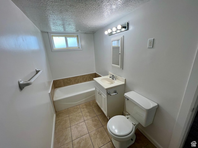 full bathroom featuring a garden tub, toilet, a textured ceiling, tile patterned flooring, and vanity