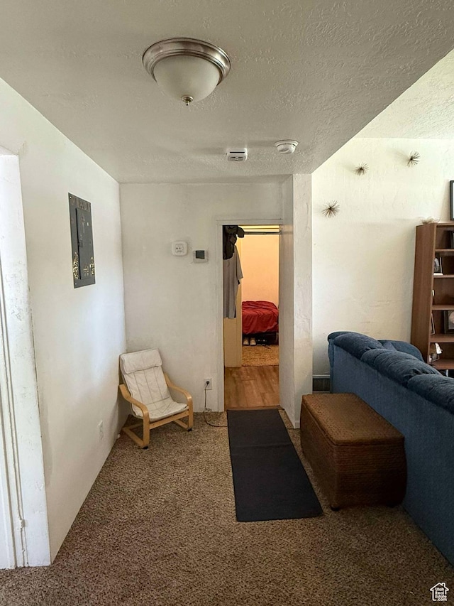3274 W 3100 S, West Valley City, UT 84119 - hallway featuring electric panel, a textured ceiling, carpet, and visible vents