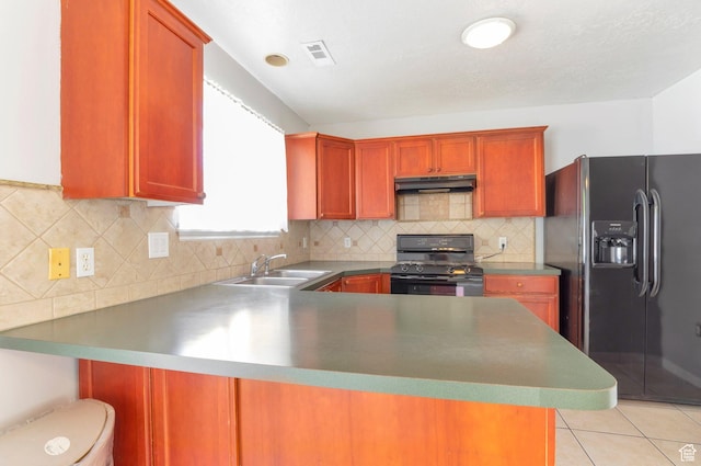 770 N Quincy Ave, Ogden, UT 84404 - kitchen with under cabinet range hood, visible vents, a sink, a peninsula, and black appliances