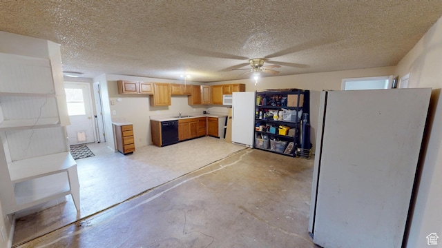 983 E Antelope Dr N, Layton, UT 84040 - kitchen with white appliances, a sink, a ceiling fan, light countertops, and concrete floors