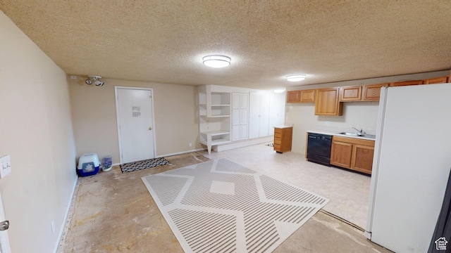 983 E Antelope Dr N, Layton, UT 84040 - kitchen with freestanding refrigerator, dishwasher, light countertops, unfinished concrete floors, and a textured ceiling