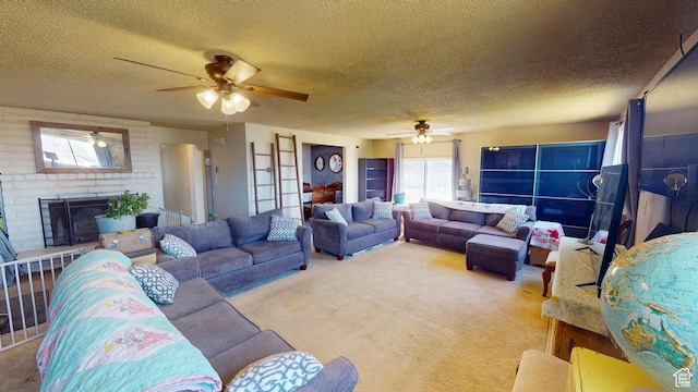 983 E Antelope Dr N, Layton, UT 84040 - living area featuring a ceiling fan, a textured ceiling, carpet flooring, and a brick fireplace