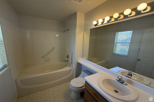 166 E Cove Rd, Saratoga Springs, UT 84045 - bathroom with tile patterned floors, toilet, vanity, and washtub / shower combination